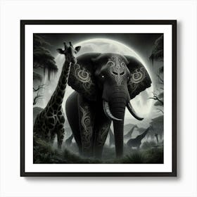 Giraffes And Elephants Art Print