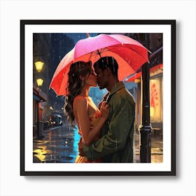 Kissing Couple In The Rain Art Print