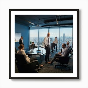 Confident Ceo Standing Center At A Sleek Modern Office Workshop Surrounded By Focused Team In Moti (2) Art Print