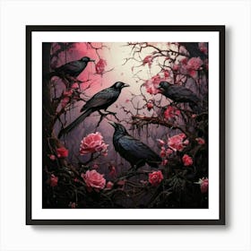 Firefly Dark, Atmospheric, Black Crows, Thorny Branches, Barren, Pink Roses, Striking Contrast, Goth Art Print