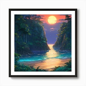 Serene Sunset Over a Secluded Coastal Cove Surrounded by Forested Cliffs Art Print