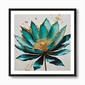 "Golden Aquatic Bloom" is an exquisite painting that captures the elegance of a lotus flower in striking teal and gold. The rich, jewel-toned petals are accented with luxurious gold leaf, creating a dynamic contrast that embodies both opulence and serenity. This artwork is a celebration of natural beauty and sophistication, perfect for enhancing the aesthetics of any home or office. It's an ideal choice for those who appreciate bold statements in art and are drawn to the lotus's symbolism of purity, rebirth, and enlightenment. "Golden Aquatic Bloom" is not just a visual pleasure; it's an investment in a serene and refined ambiance. Art Print