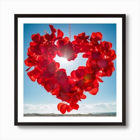 a large, red, petal-made heart hanging in the sky, backlit by the sun with a clear blue backdrop Art Print