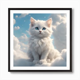 White Cat On Clouds Art Print