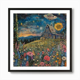 Flower Aliens Visiting Their Children on Earth In a Night Starlight Sky by an Old Barn and Mountains Art Print