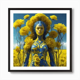 Yellow Flowers In Field With Blue Sky Sf Intricate Artwork Masterpiece Ominous Matte Painting Mo (3) Art Print