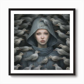 Girl Surrounded By Birds 4 Art Print