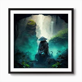 Myeera Ninja Samurai Meditating In A Terrarium Cave Waterfalls 1 Art Print