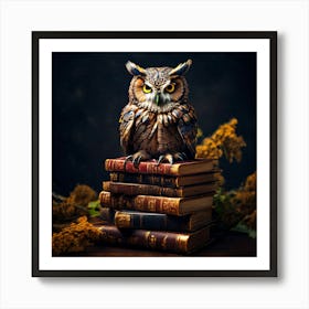 Owl On Books, An Owl Perched On A Stack Of Books Symbolizing Wisdom And Learning 6 Art Print