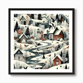 Winter Village, Snowy Trees And River Art Print