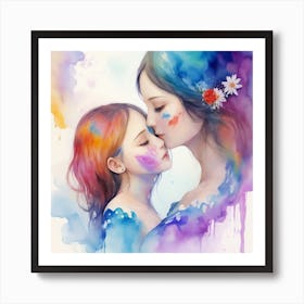 Mother And Daughter Kissing Art Print