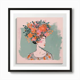 watercolour woman portrait with  floral head crown  Art Print