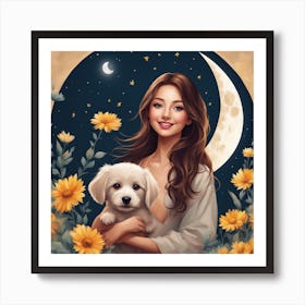 Artistic Look Of A Happy Girl Seen In The Camera Moon Cute Puppy And A Flower 395928042 Art Print