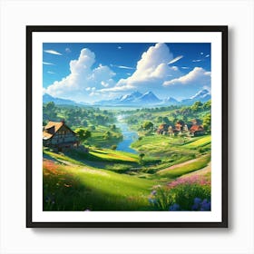 A Serene Village Landscape With Lush Green Fields And Colorful Houses Depicting The Picturesque Set(1) Art Print