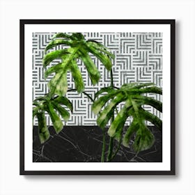 Monstera Leaves on Black Marble and Tiles Art Print