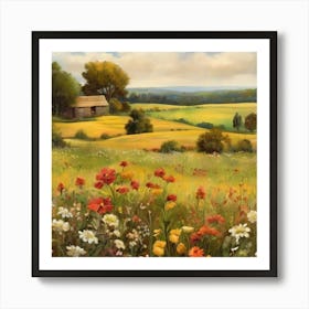 Field Of Flowers.An elaborate work of art about nature in the countryside of old England, antique oil colours, the touch of a creative artist. Art Print