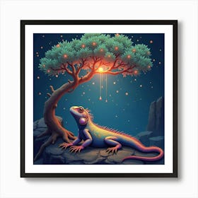 A Dreamy Iguana With Iridescent Scales Basking Under A Magical, Glowing Tree 1 Art Print