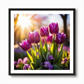 Bouquet Of Vibrant Purple Tulips Rising Toward A Majestic Sun In A Lush Spring Park Three Graceful (1) 2 Art Print