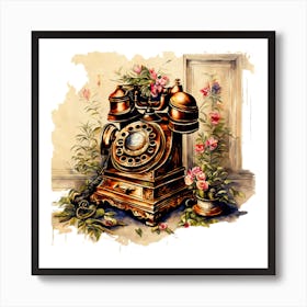 Vintage Telephone with Floral Surroundings Art Print