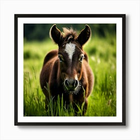 Grass Horse Green Brown Meadow Nature Young Baby Head Mammal Cow Calf Wild Donkey Pony (4) Art Print