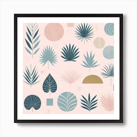 Scandinavian style, Palm leaves of different shapes on a pastel pink background Art Print