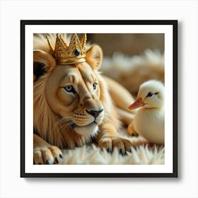 Regal Companions: A Lion and a Duckling 1 Art Print