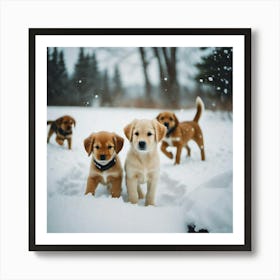 Dogs in the snow in front of the woods Art Print