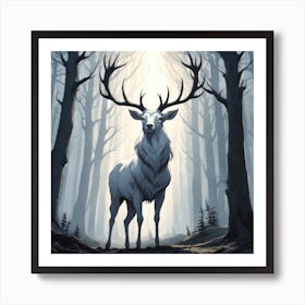 A White Stag In A Fog Forest In Minimalist Style Square Composition 37 Art Print