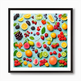 Fresh Fruits On Blue Background Art Print