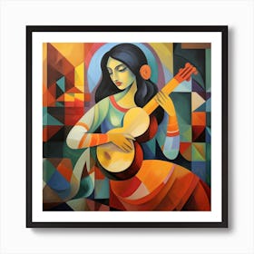 Woman Playing A Guitar, cubism Art Print