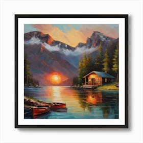 Cabin In The Mountains.Oil painting of a tranquil lake surrounded by mountains, with a cabin on the shore, boats, and a sunset, heavily textured brushstrokes, warm and vibrant colors Art Print