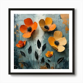 Abstract Textured Artwork Featuring Three Dimensional Orange And Yellow Flowers On A Dark Blue Background Art Print