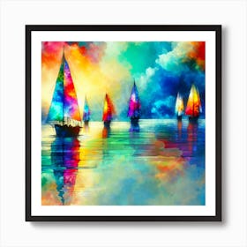 Sailboats Blue Sky Sunset Ocean Artwork Painting Art Print