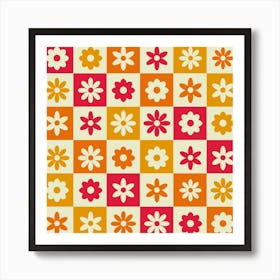 Checkered Retro Hippie Colorful Flowers Art Print