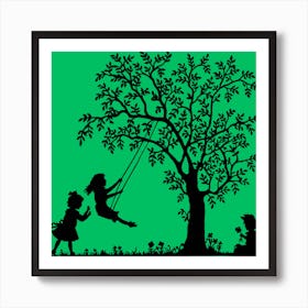 Silhouette Of Children Swinging Art Print