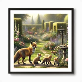 Foxes In The Garden Vintage Art Print