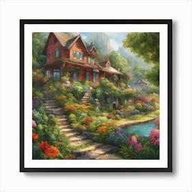 a house with flowers around it Art Print