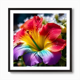 Colorful Hibiscus Flower With Water Droplets On Its Petals Art Print