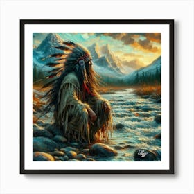 Oil Texture Native American Warrior By Stream 4 Art Print