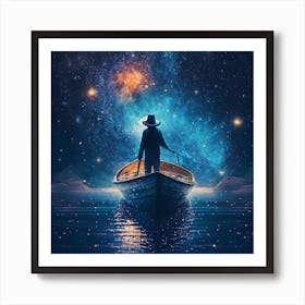 Boy on a small boat in the sea under starry night Art Print