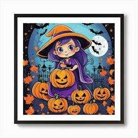 Halloween Girl With Pumpkins 3 Art Print