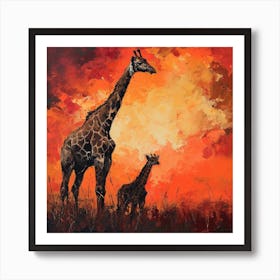 Giraffe & Calf In The Sunset Red Brushstrokes 3 Art Print