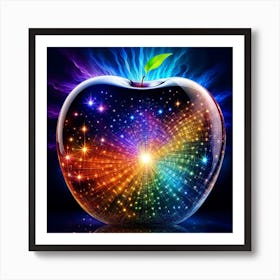 Crystal Glas Apple With A Abstract Galaxy Reflection And A Blue And Pink Glow In The Background - Photo Realistic Illustration Art Print