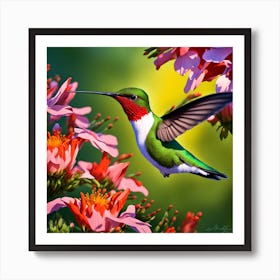 Ruby Throated Hummingbird Wings Vibrating Hastily As It Sips Nectar From A Myriad Of Vibrant Flower 327434654 Art Print