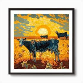 Cows In The Field At Sunset Art Print