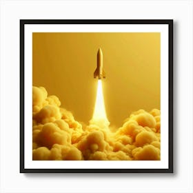 A golden rocket ship launching into a bright yellow sky, leaving a trail of smoke behind it, symbolizing the start of a new journey or project with great potential for success and prosperity Art Print