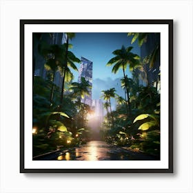 A Realistic Rain Forest With A Beautiful City Inside Some Tropical Birds And Palm Trees Art Print