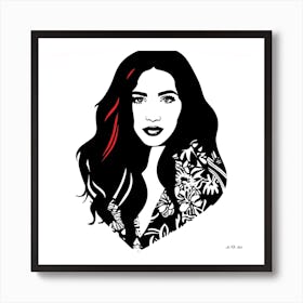 Black And White Minimal Portrait Illustration Of A Self Confident Women With Red Streakes In Her Hair On A White Background Art Print