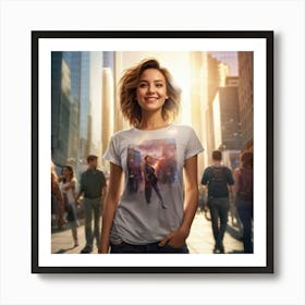 Confident Young Woman Smiling Radiantly Dressed In A Trendy T Shirt Stands At The Center Of A Bus (6) Art Print