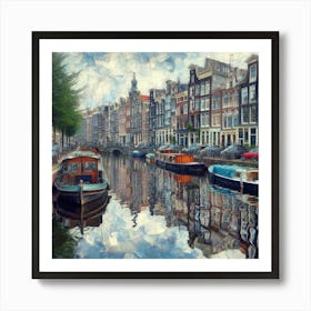 Amsterdam Canals - A canal scene in Amsterdam, but the houses and boats are not reflected in the water in a normal way. Instead, they are reflected in a distorted and fractured way, creating a sense of illusion and fantasy. The scene is rendered in a realistic, painterly style. 1 Art Print